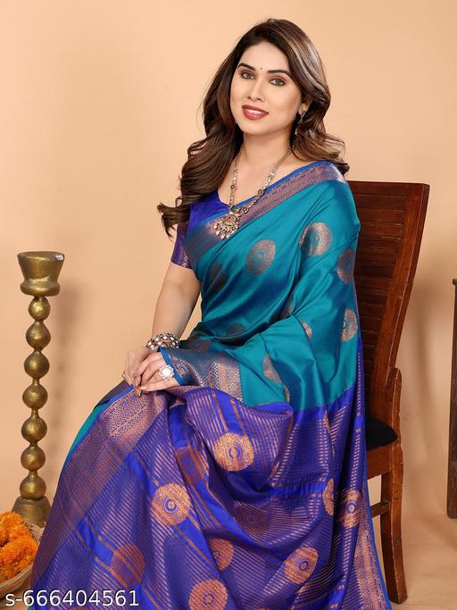 Women's Woven Design Banarasi Art Silk Saree With Zari Woven Border And Unstiched Blouse Pice (Turquois Blue) | - amamestyle
