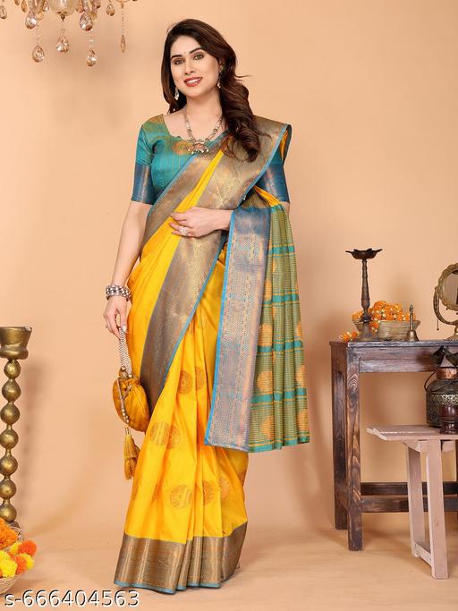 Women's Woven Design Banarasi Art Silk Saree With Zari Woven Border And Unstiched Blouse Pice (Yellow) | - amamestyle