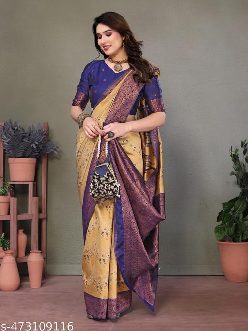 Pure Soft Silk Lightweight Banarasi ( Cream,Blue ) Wedding Bridal Wear Designer Ethnic Saree Available At Low Prices - amamestyle