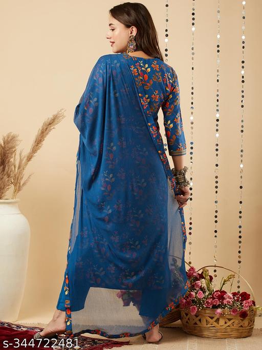 Shri Ram Women's Blue Cotton Blend Floral Printed Straight Kurta With Trousers & Dupatta - amamestyle