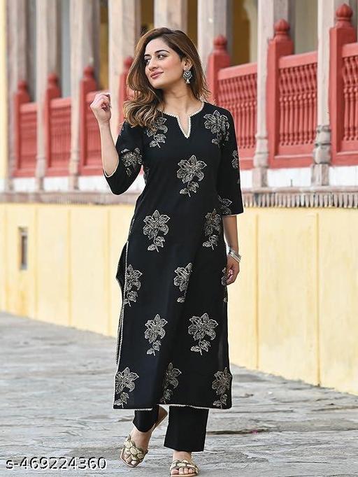 Gold Printed Rayon Black Kurta Set with Ethnic Palazzo Pants - amamestyle