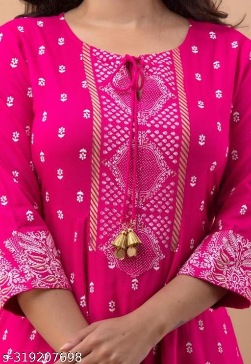 Women's Rayon Printed Anarkali Kurti with Pant and Dupatta Set  - amamestyle