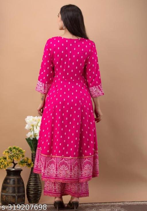 Women's Rayon Printed Anarkali Kurti with Pant and Dupatta Set  - amamestyle