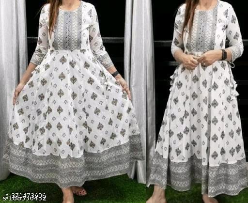 White Anarkali Gold Print Kurti for Women - amamestyle