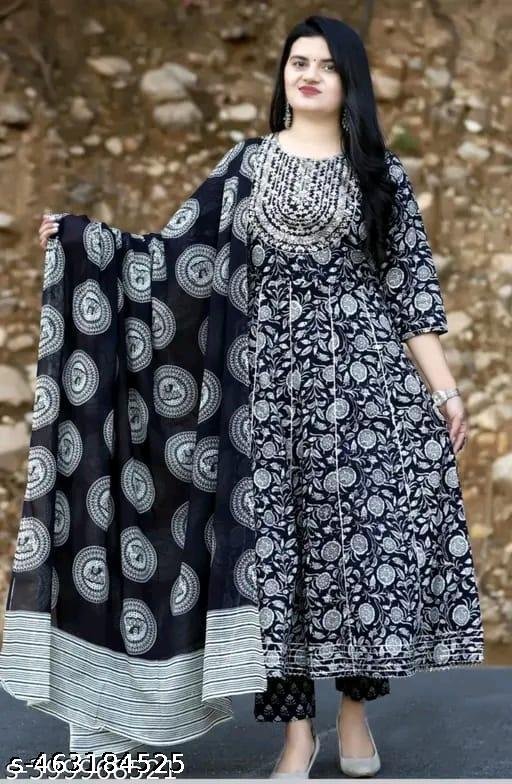 Black Premium Printed Designer Anarkali Embroidery Women Rayon Kurta With Pant And Cotton Dupatta - amamestyle