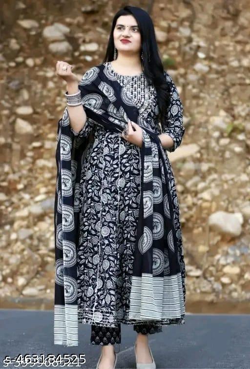 Black Premium Printed Designer Anarkali Embroidery Women Rayon Kurta With Pant And Cotton Dupatta - amamestyle