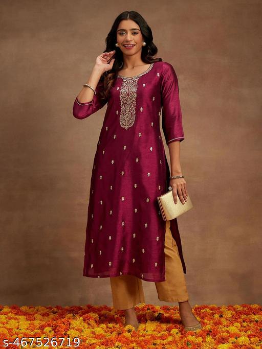 Designer Silk Blend Straight Kurta || Women Embroidered Silk Blend Straight Kurta ||  - amamestyle