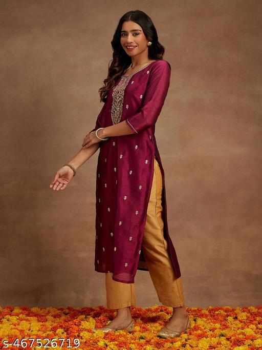 Designer Silk Blend Straight Kurta || Women Embroidered Silk Blend Straight Kurta ||  - amamestyle