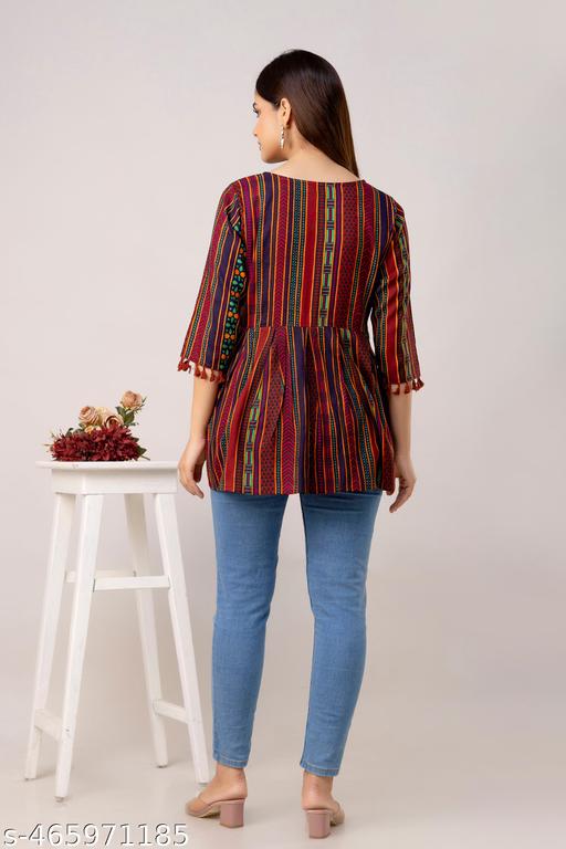 Women Maroon Colour Designer Pumpum Rayon Fabric Floral Print Top(Maroon022) - amamestyle