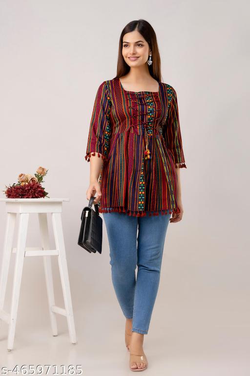 Women Maroon Colour Designer Pumpum Rayon Fabric Floral Print Top(Maroon022) - amamestyle