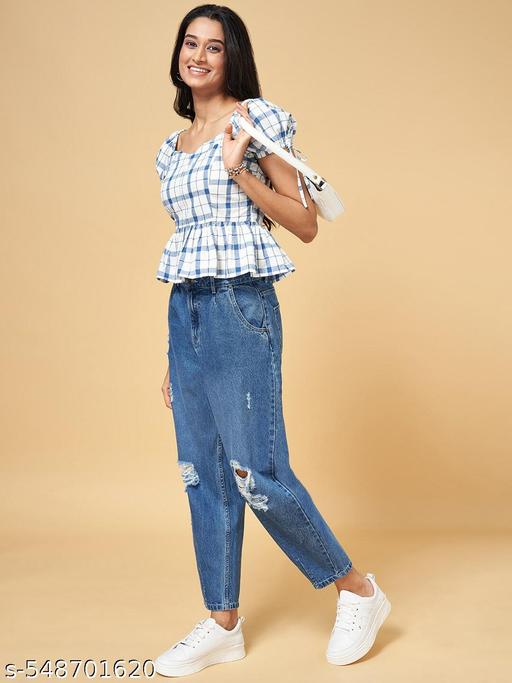 Blue & White Checked Sweet heart Neck Puff Sleeve Peplum Top - amamestyle