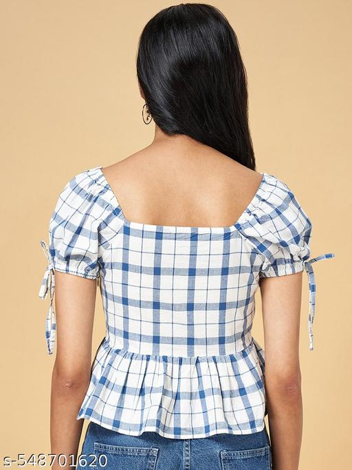 Blue & White Checked Sweet heart Neck Puff Sleeve Peplum Top - amamestyle