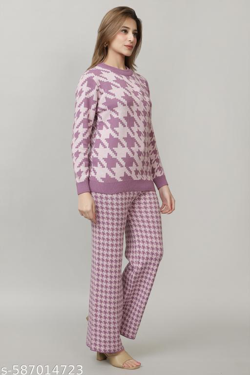 Women Full Sleeve self Design Woollen co-ords Set for Women Lavendar - amamestyle