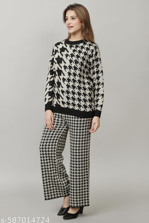 Women Full Sleeve self Design Woollen co-ords Set for Women Black - amamestyle