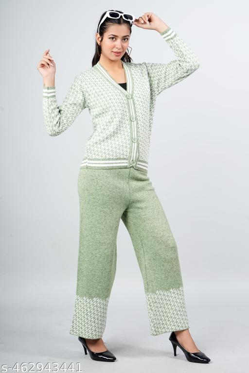 Women Full Sleeve self Design Woollen co-ords Set for Girl's and Women Pista - amamestyle