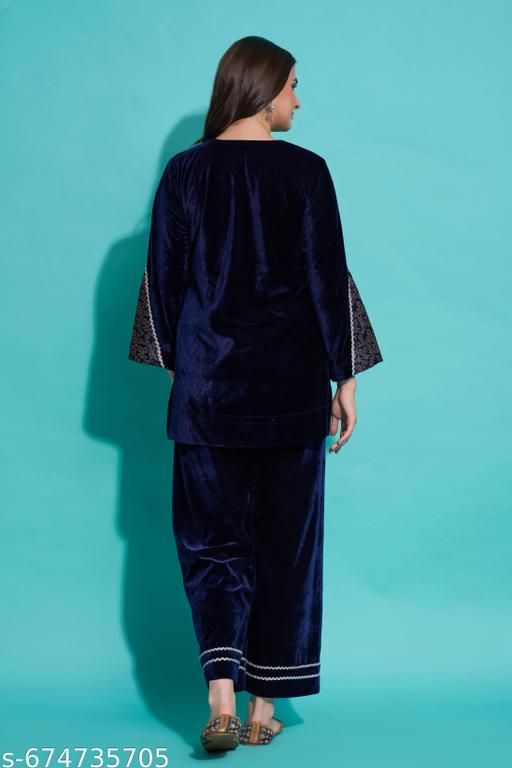 Women Luxurious Velvet Lace Top Bottom Co-Ord Set - amamestyle