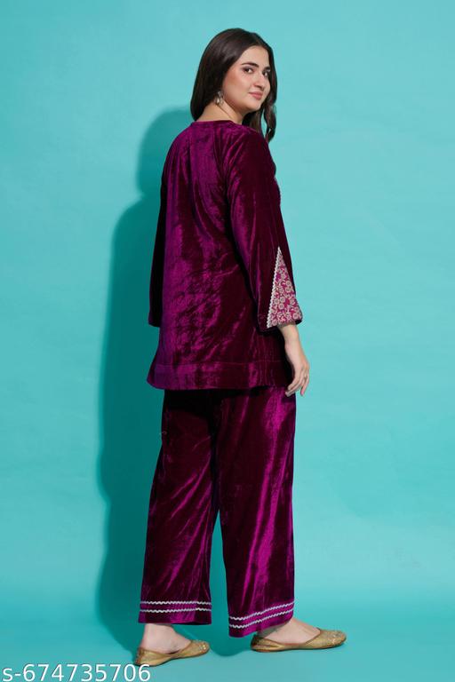 Women Luxurious Velvet Lace Top Bottom Co-Ord Set - amamestyle