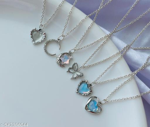 Pack Of 6 Classy Aesthetic Silver AD Charm Pendant Necklace Set For Women And Girls . | Accessories | Gift | Korean | Minimal | Neckpiece | Aesthetic Jewellery | Trendy Pinteresty Necklaces | Necklace Combo  - Myshopic 