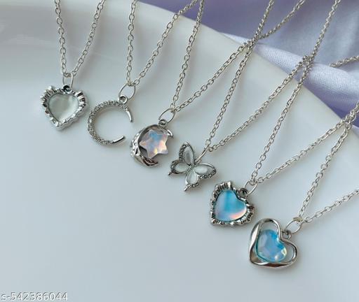 Pack Of 6 Classy Aesthetic Silver AD Charm Pendant Necklace Set For Women And Girls . | Accessories | Gift | Korean | Minimal | Neckpiece | Aesthetic Jewellery | Trendy Pinteresty Necklaces | Necklace Combo  - Myshopic 
