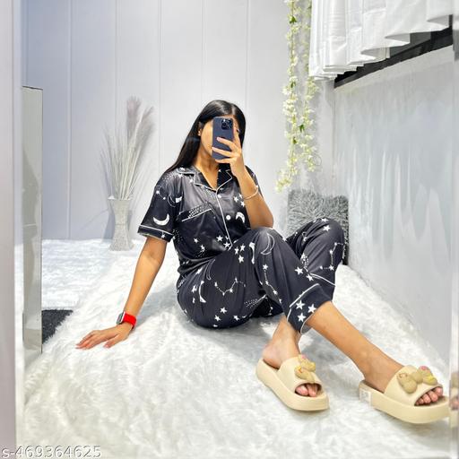 Women Silk Printed  Night Shut And Pajamas Set Lounge Set 3 Piece Casual Outfits Set Button Down Oversized Night Shut Shirt Shorts Set - amamestyle