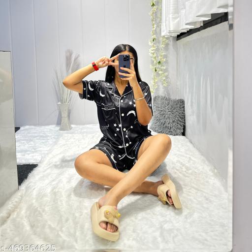 Women Silk Printed  Night Shut And Pajamas Set Lounge Set 3 Piece Casual Outfits Set Button Down Oversized Night Shut Shirt Shorts Set - amamestyle