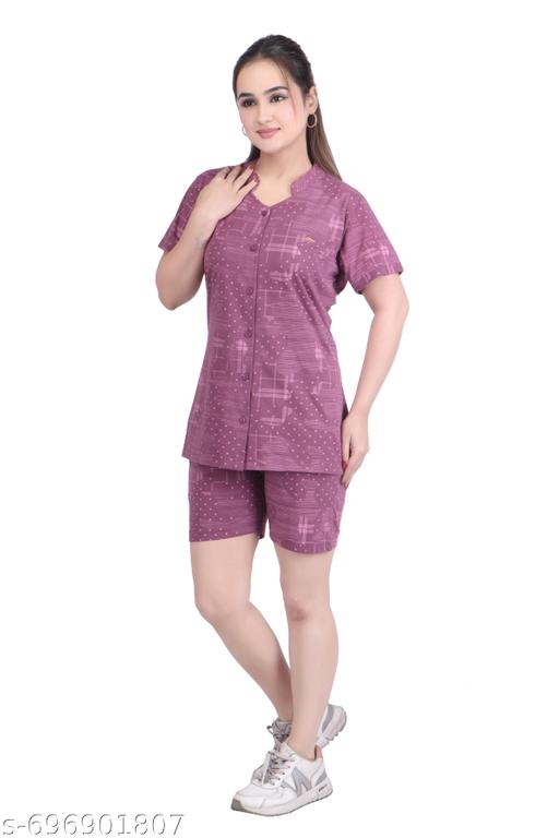 Clint Summer Casual V Neck Half Sleeve Cotton Fabric Printed 3 pcs ( Top,Lower, Shorts) Nightsuit For Women's - amamestyle