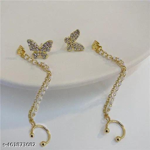 Vassaley Butterfly Rhinestone Earrings with Cuff-Chain - Myshopic 