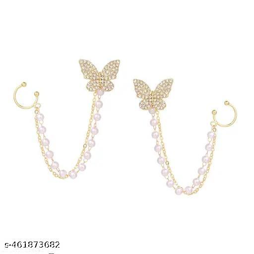 Vassaley Butterfly Rhinestone Earrings with Cuff-Chain - Myshopic 