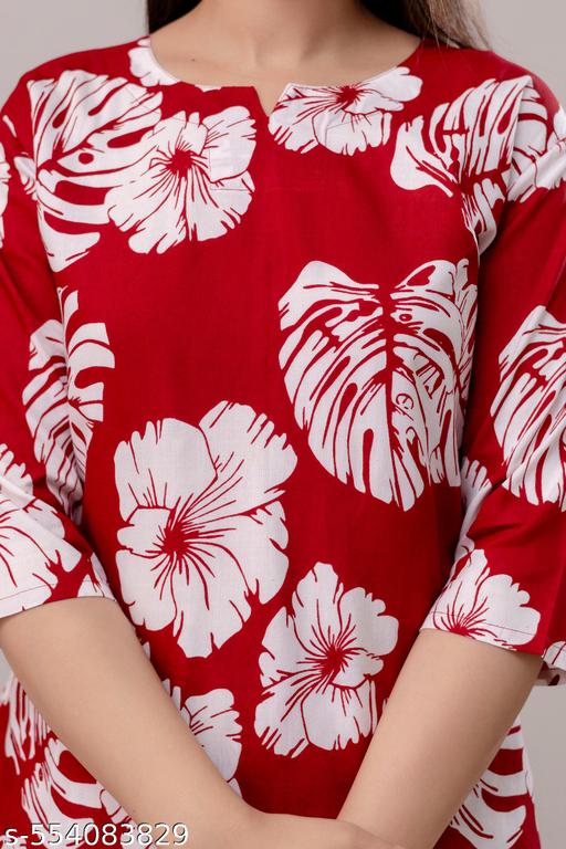 Women's Beautiful Rayon Tropical Floral Print Loungewear Set, Red and White, 3/4 Sleeve Top with Pants/ night Suit Set - amamestyle