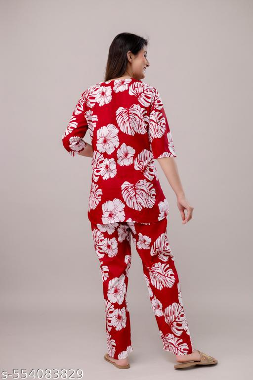 Women's Beautiful Rayon Tropical Floral Print Loungewear Set, Red and White, 3/4 Sleeve Top with Pants/ night Suit Set - amamestyle