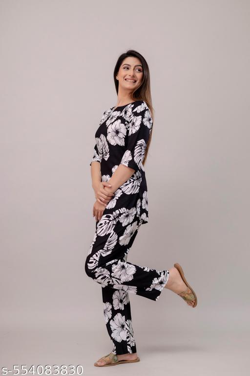 Women's Beautiful Rayon Tropical Floral Print Loungewear Set, Black and White, 3/4 Sleeve Top with Pants/ night Suit Set - amamestyle