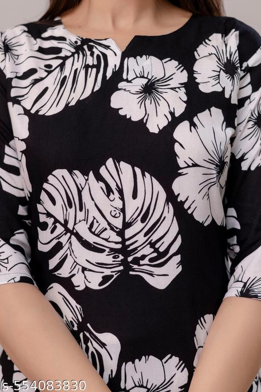 Women's Beautiful Rayon Tropical Floral Print Loungewear Set, Black and White, 3/4 Sleeve Top with Pants/ night Suit Set - amamestyle