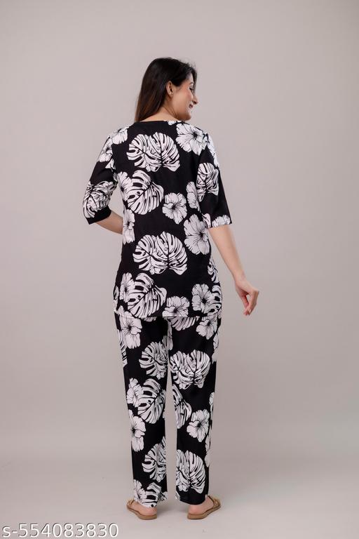 Women's Beautiful Rayon Tropical Floral Print Loungewear Set, Black and White, 3/4 Sleeve Top with Pants/ night Suit Set - amamestyle
