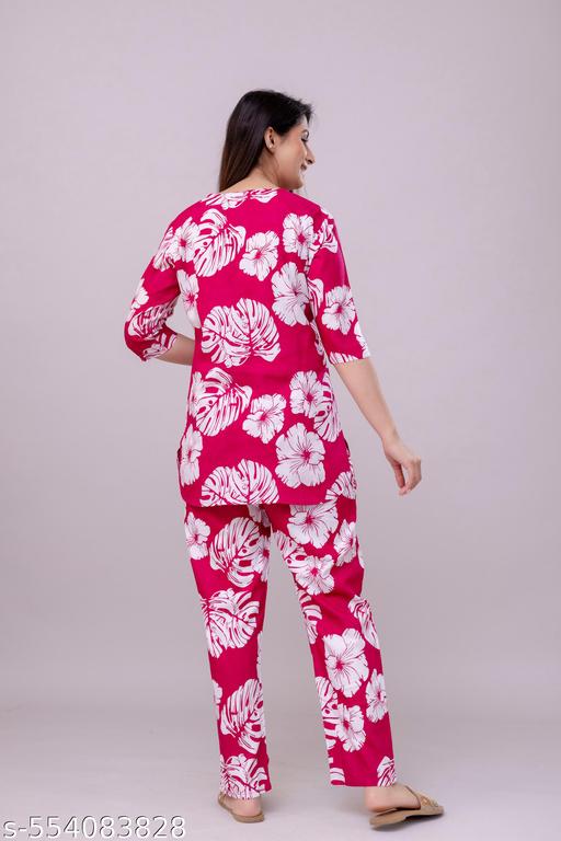 Women's Beautiful Rayon Tropical Floral Print Loungewear Set, Pink and White, 3/4 Sleeve Top with Pants/ night Suit Set - amamestyle
