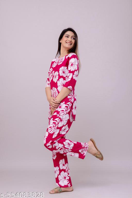 Women's Beautiful Rayon Tropical Floral Print Loungewear Set, Pink and White, 3/4 Sleeve Top with Pants/ night Suit Set - amamestyle