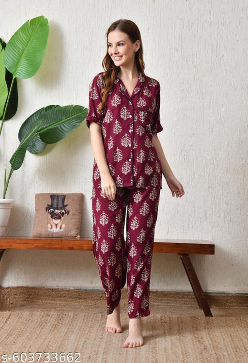 Classic Satin Night Suit with Stylish Floral Print - amamestyle