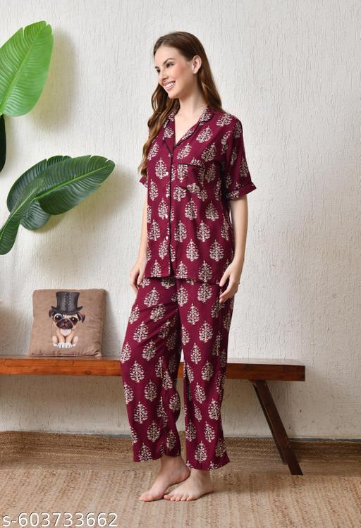 Classic Satin Night Suit with Stylish Floral Print - amamestyle