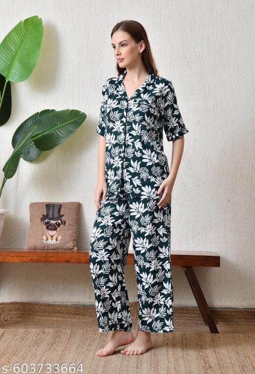 Classic Satin Night Suit with Stylish Floral Print - amamestyle