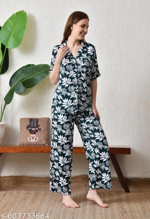 Classic Satin Night Suit with Stylish Floral Print - amamestyle