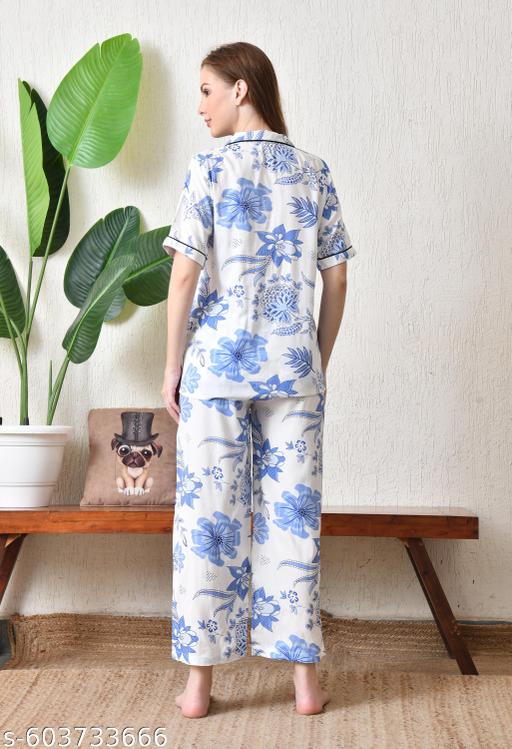 Classic Satin Night Suit with Stylish Floral Print - amamestyle