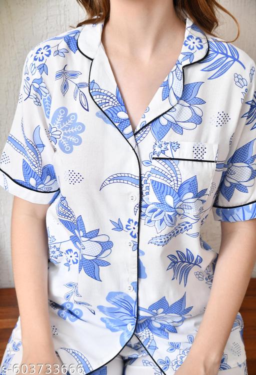 Classic Satin Night Suit with Stylish Floral Print - amamestyle