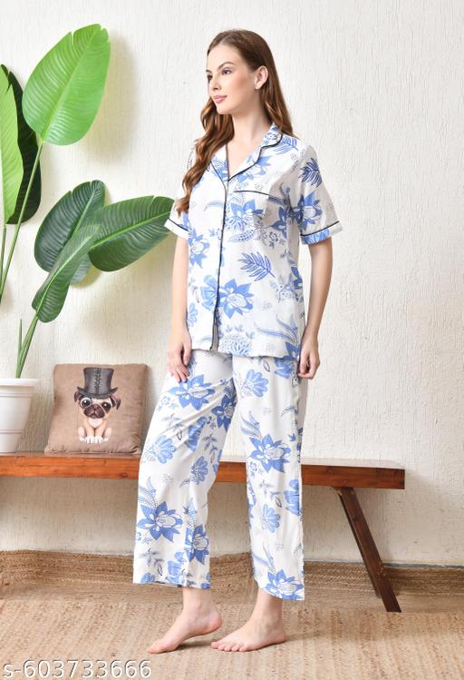 Classic Satin Night Suit with Stylish Floral Print - amamestyle