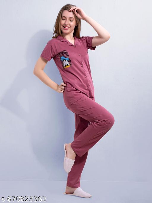 Women Premium Cotton Printed Nightwear Set | Relaxed Fit Short Sleeve Shirt & Pajama Co-Ord | Stylish Sleepwear & Lounge Wear for Home Comfort - amamestyle