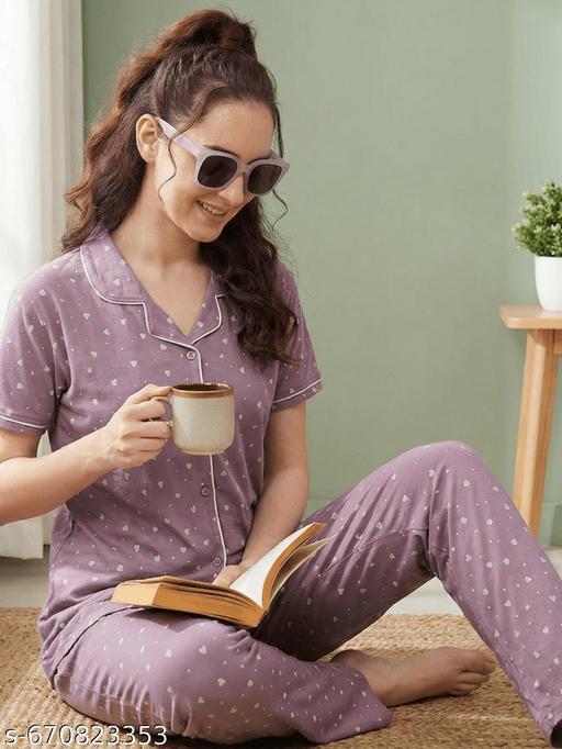 Women Premium Cotton Printed Nightwear Set | Relaxed Fit Short Sleeve Shirt & Pajama Co-Ord | Stylish Sleepwear & Lounge Wear for Home Comfort - amamestyle
