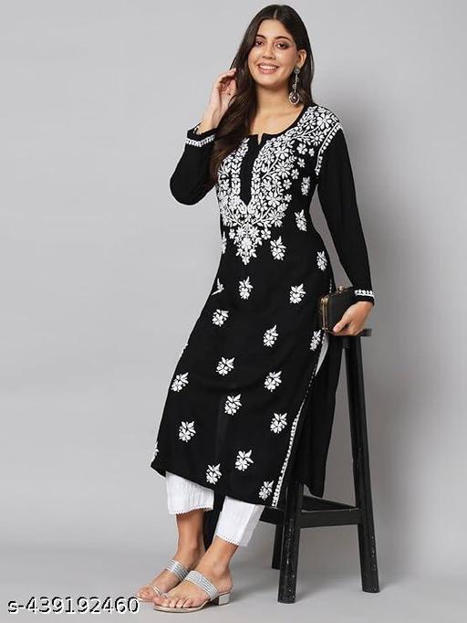 Roop Manjari Women'sZainul Monochrome Chikankari Black Kurta - Myshopic 