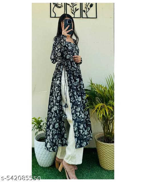 Black Nayra Cut Long Kurti Full Sleeve - Myshopic 