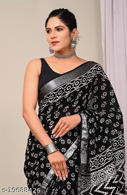 Traditional Hand Block Ajrakh Batik Indigo Kalamkari Printed Cotton Linen Saree With Matching Blouse Piece  - amamestyle