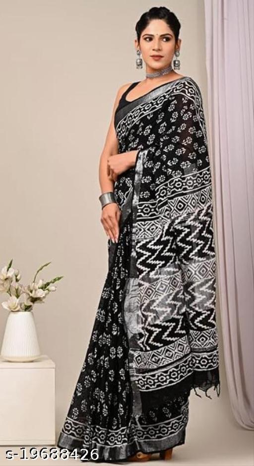 Traditional Hand Block Ajrakh Batik Indigo Kalamkari Printed Cotton Linen Saree With Matching Blouse Piece  - amamestyle