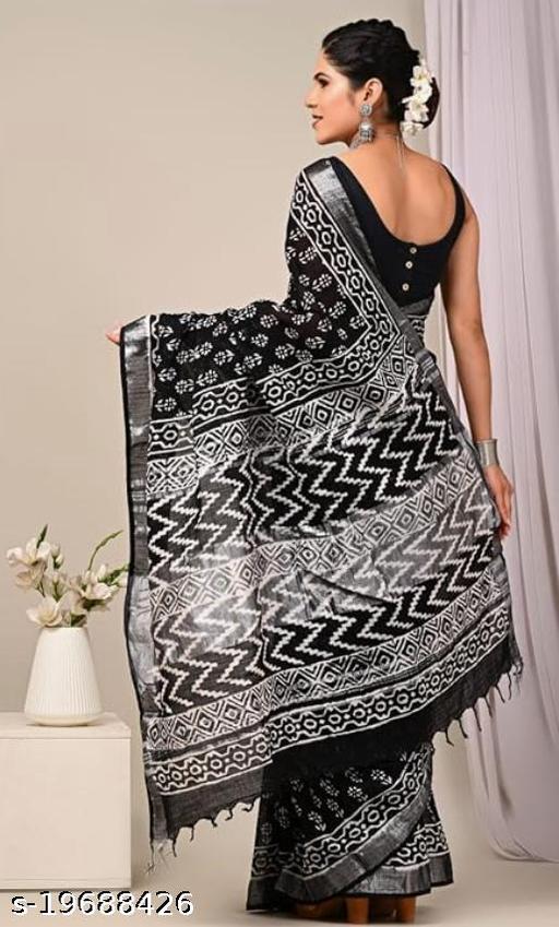 Traditional Hand Block Ajrakh Batik Indigo Kalamkari Printed Cotton Linen Saree With Matching Blouse Piece  - amamestyle