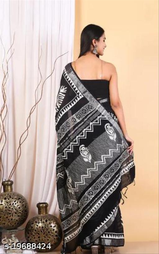 Hand Block Batik Indigo Ajrakh Ikkat Printed Cotton Linen Saree with Free Matching Blouse Piece For Women - amamestyle